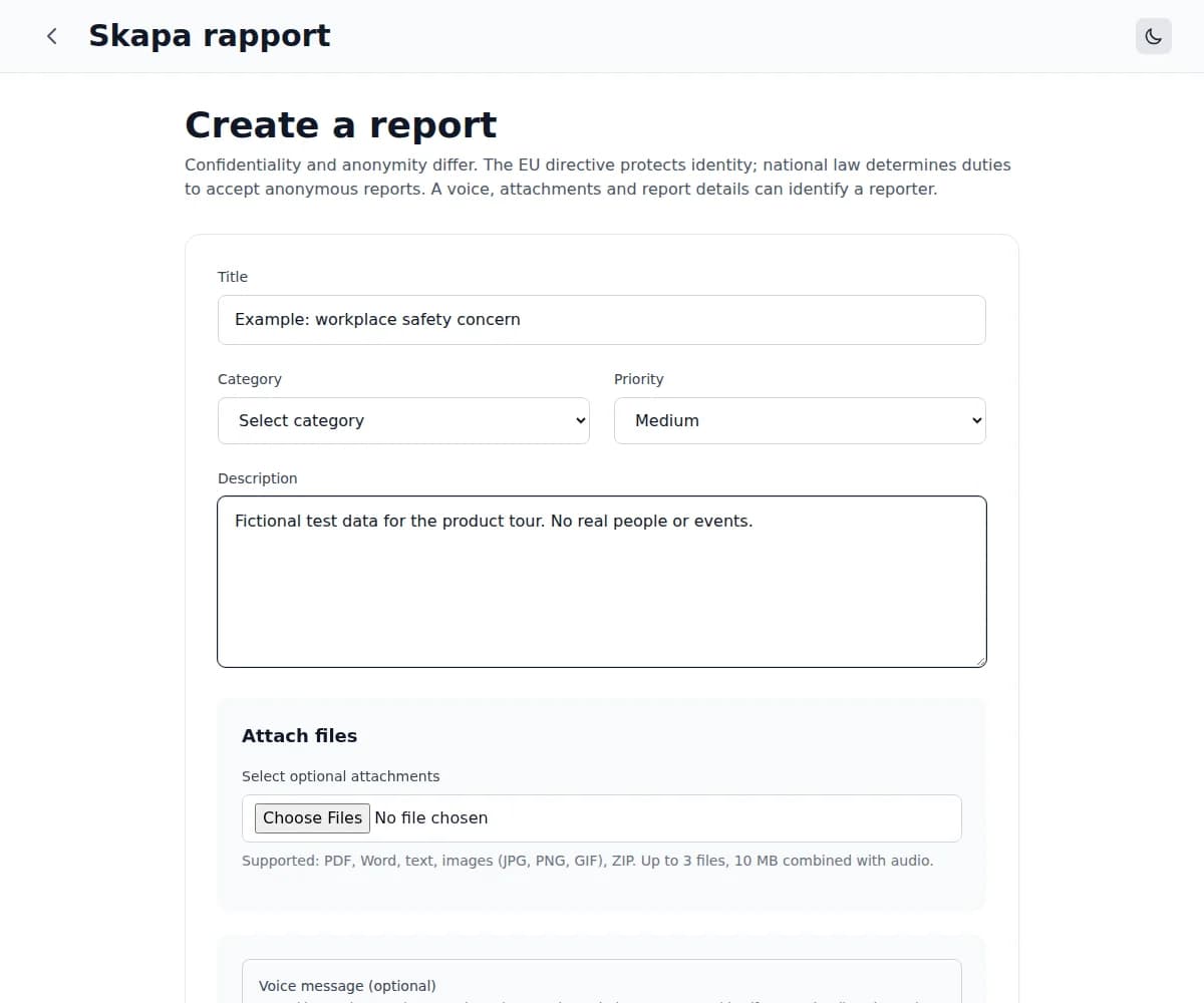 Product reporting form with fictional data